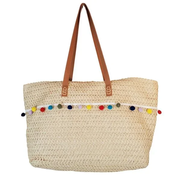 Perfectly Posh Large Straw Tote Beach Bag w/ Pom Poms. Plus a Beach Towel. - Picture 2 of 6